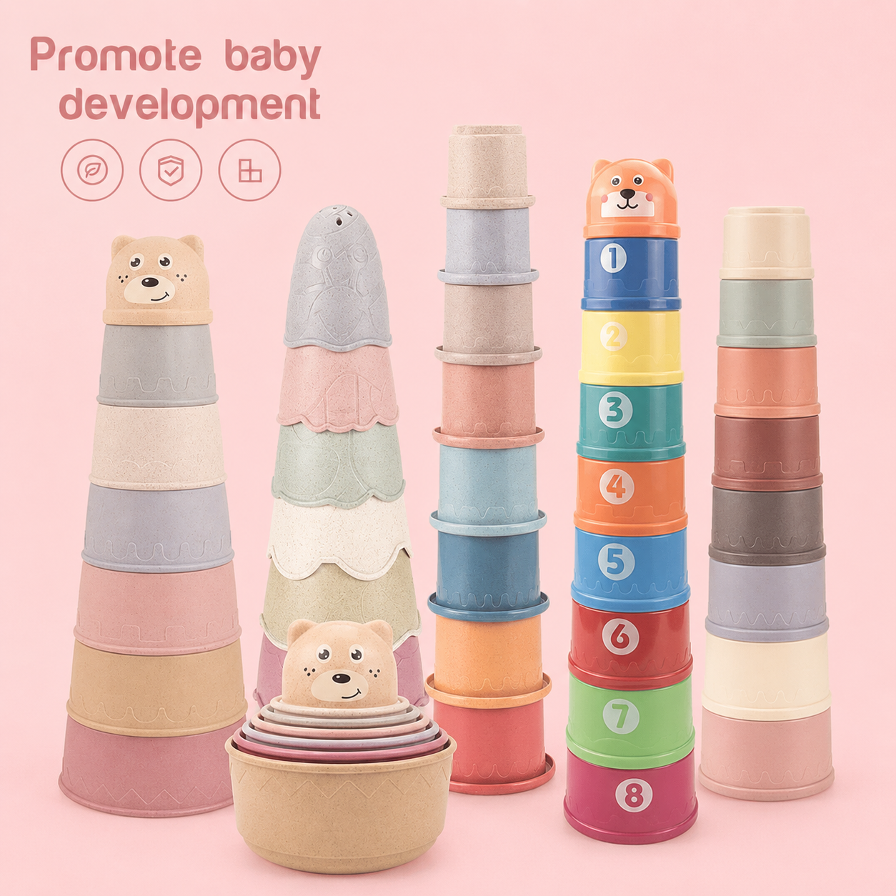 Stacking cups with animal designs and numbers on a pink background