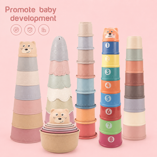 Stacking cups with animal designs and numbers on a pink background