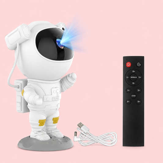 Astronaut figurine with remote control, power cable, and light effects on a pink background
