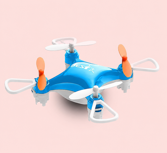 Small mini blue drone with orange and white propellers on a pink background