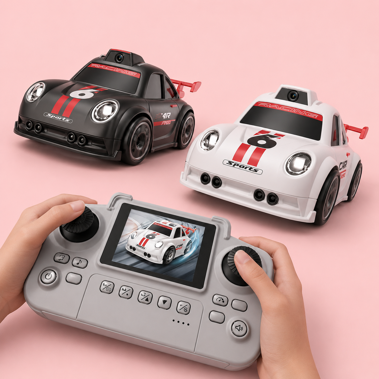 Two remote control cars and a video controller