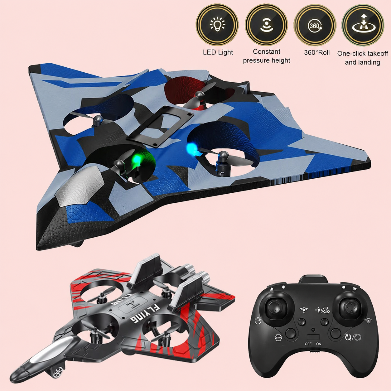 Toy drone with LED lights, control panel, and remote controller