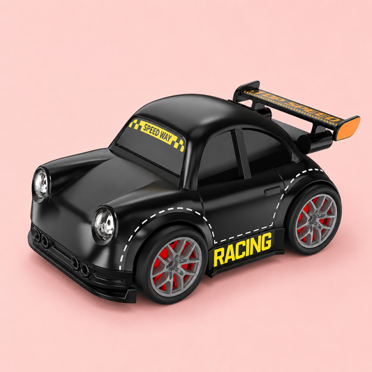 Black toy gesture control race car with yellow and red details on a pink background