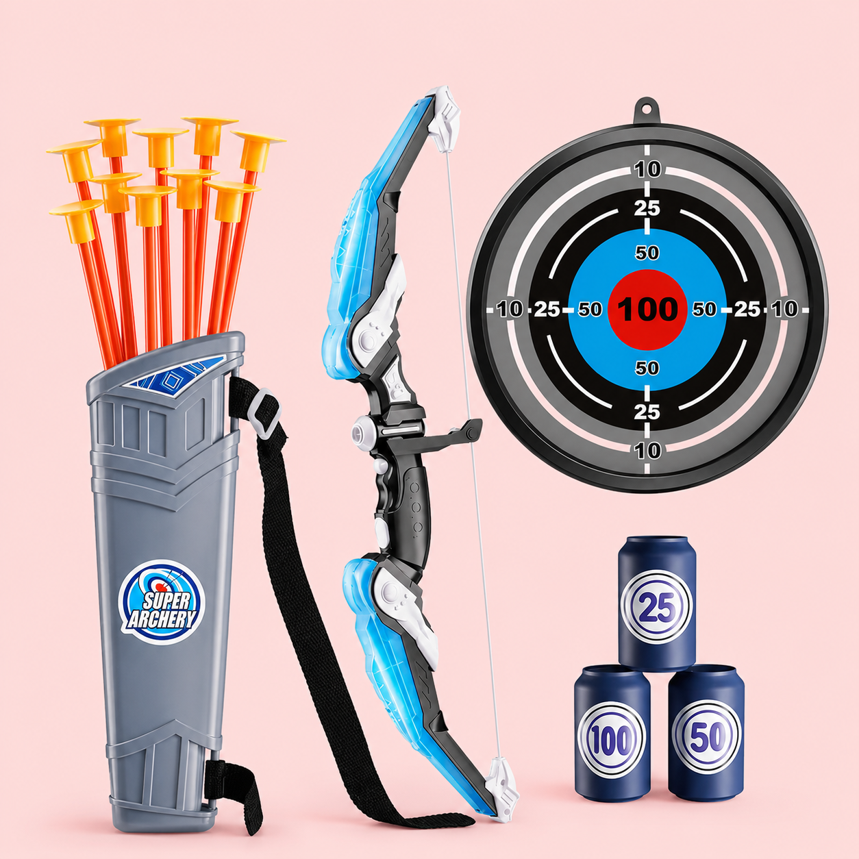 Toy bow and arrow set with target and cans .