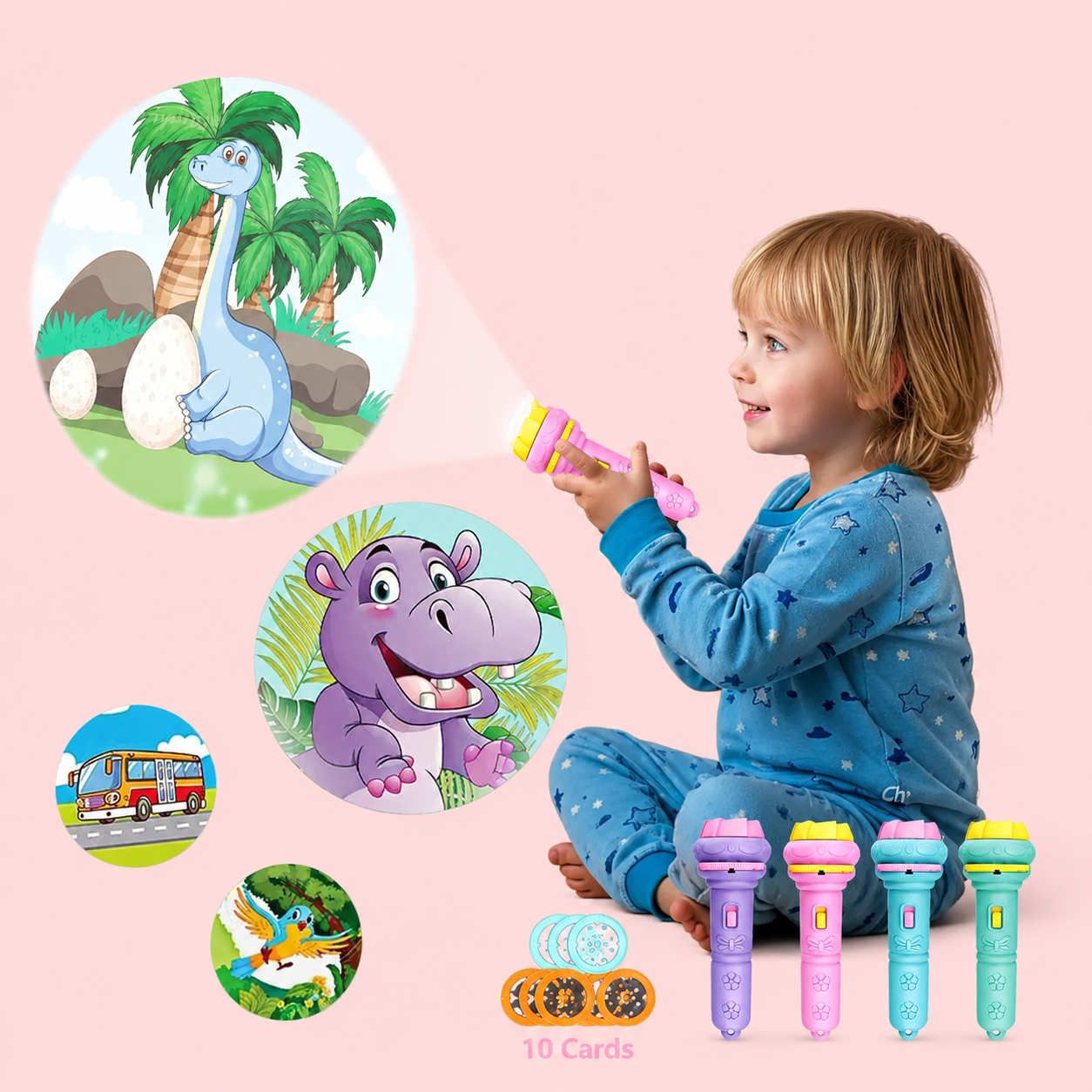 Child playing with a toy torch projector that has projection of animals, vehicles etc