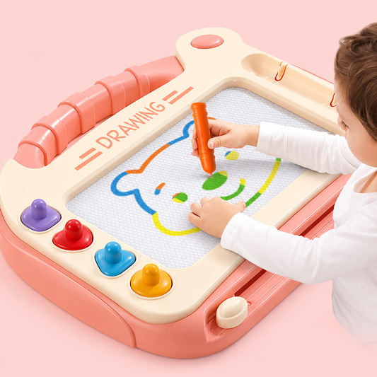 Child using a colorful drawing board with markers on a pink background