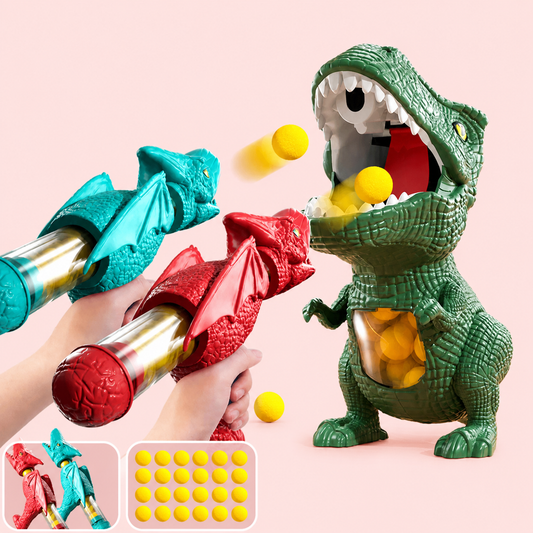 Toy dinosaur with open mouth filled with yellow balls, held by a hand against a pink background.
