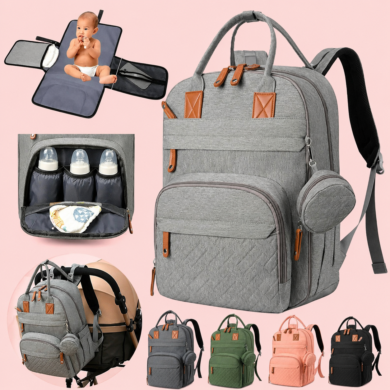 Gray diaper bag with multiple compartments and accessories on a pink background