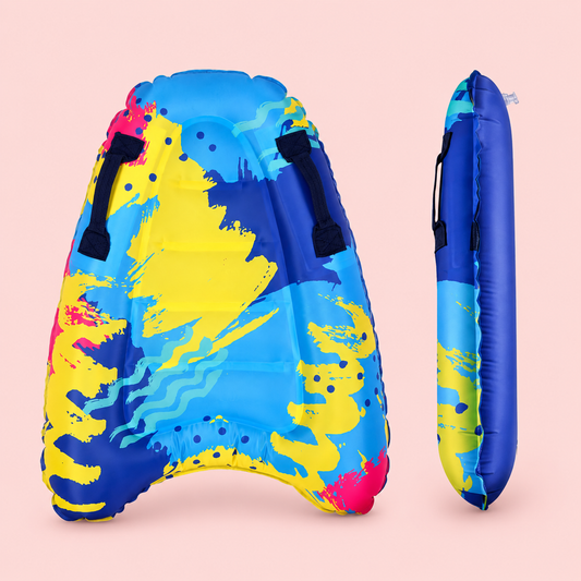 Colorful inflatable bodyboard with a plain background