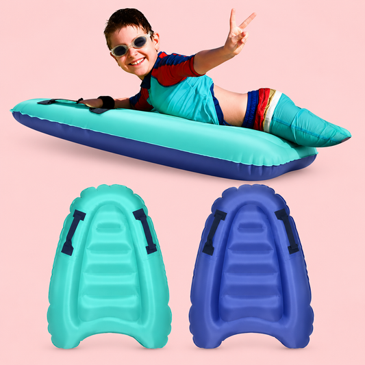 Child on a teal inflatable pool float with blue handles, against a pink background.