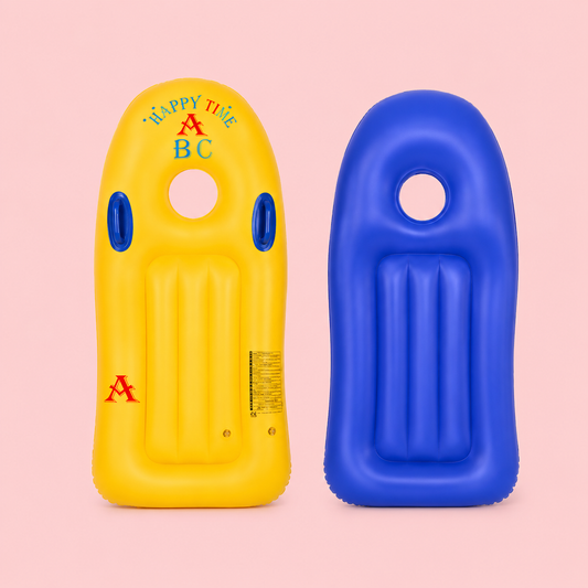 Yellow and blue inflatable pool floats on a pink background
