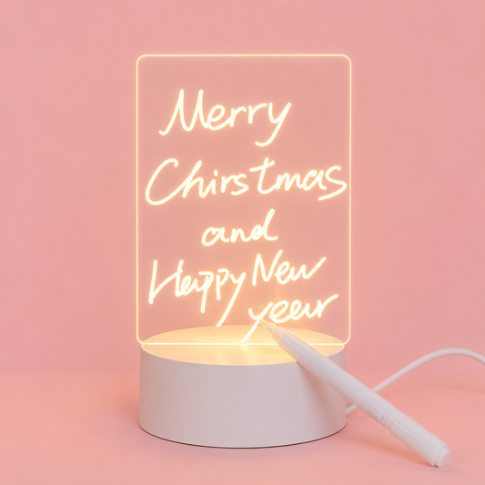 Neon LED tranparent board with Merry Christmas and Happy New Year' text on a pink background