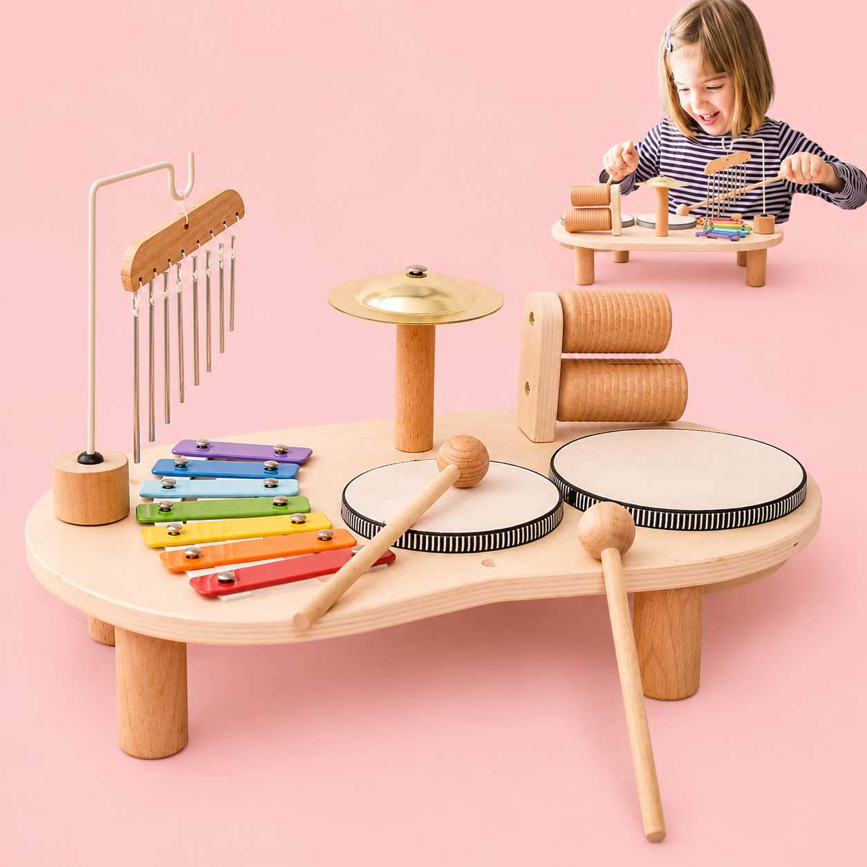 Children's wooden musical toy set on a pink background with a child playing.