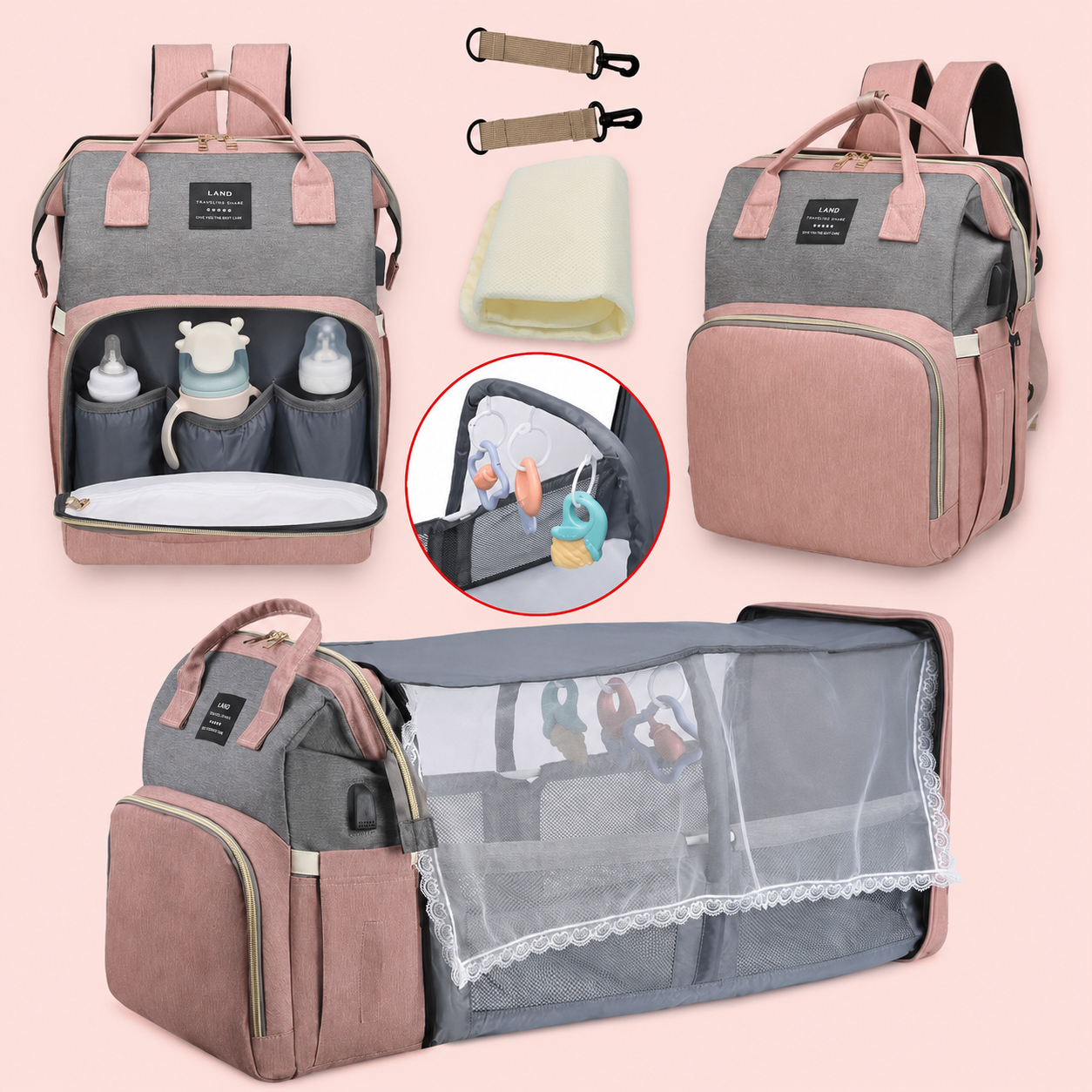 Multifunctional diaper bag with organizer, baby bottles, and changing pad on a pink background