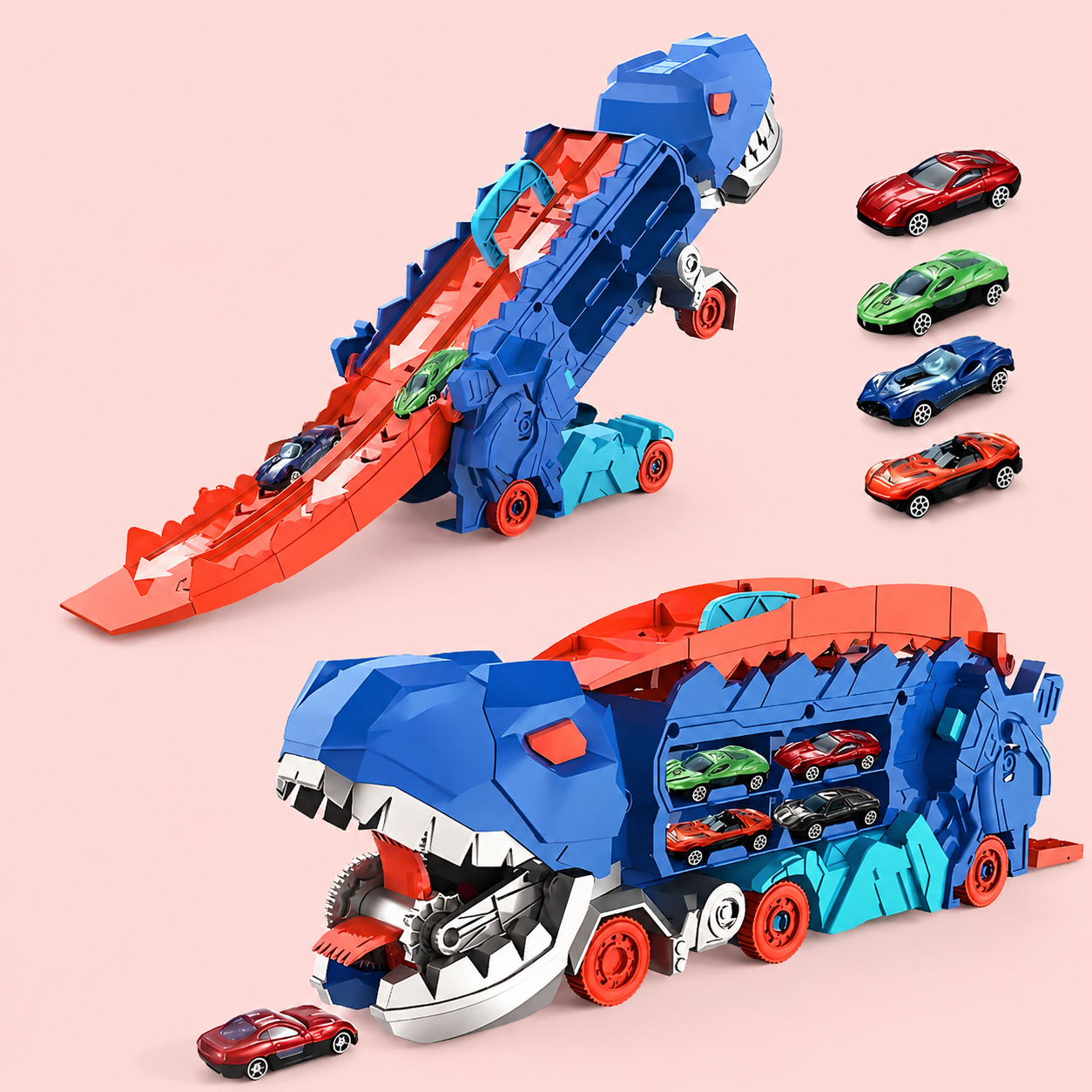 Toy dinosaur with car transport feature on a pink background