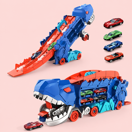 Toy dinosaur with car transport feature on a pink background