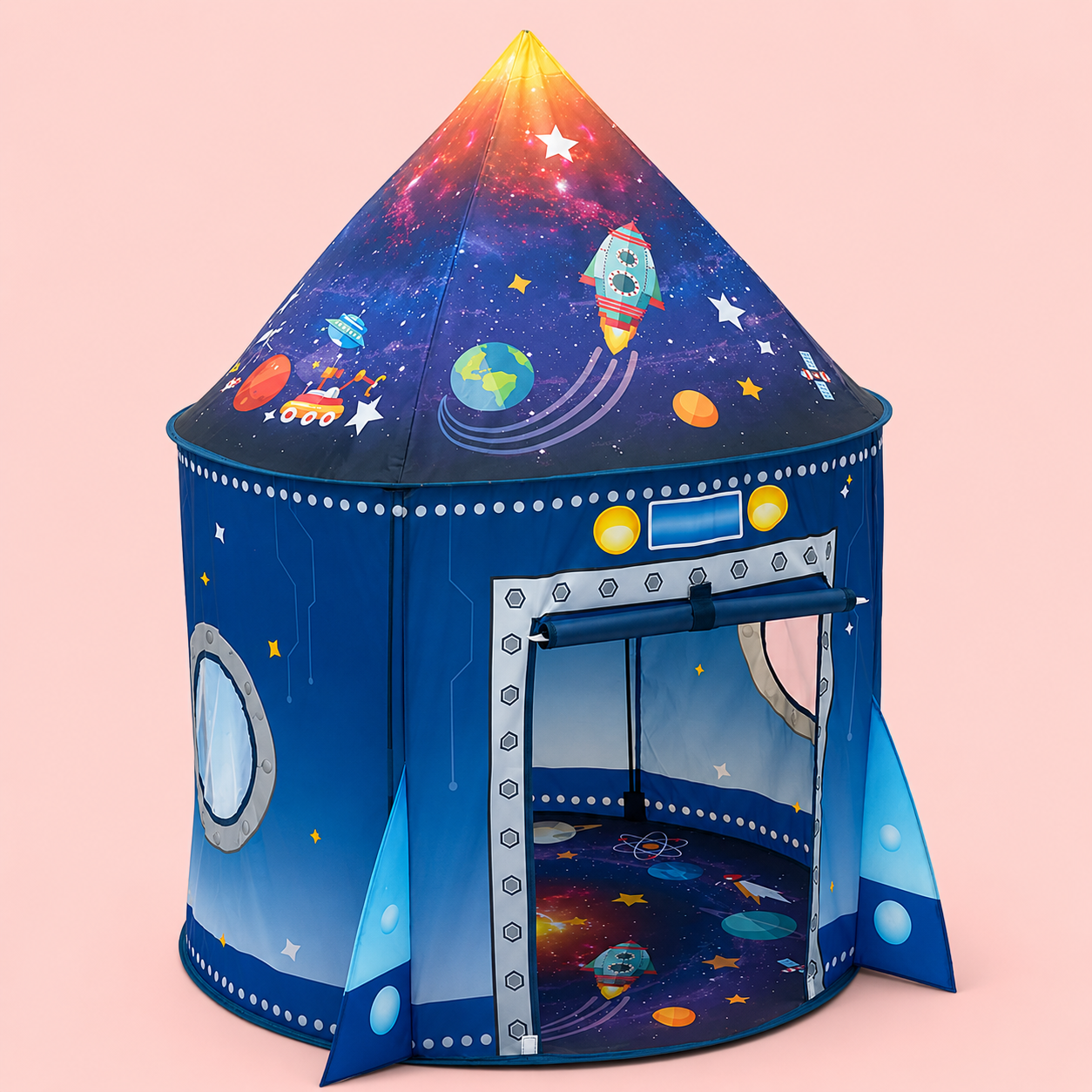 Children's play tent with space-themed design on a pink background
