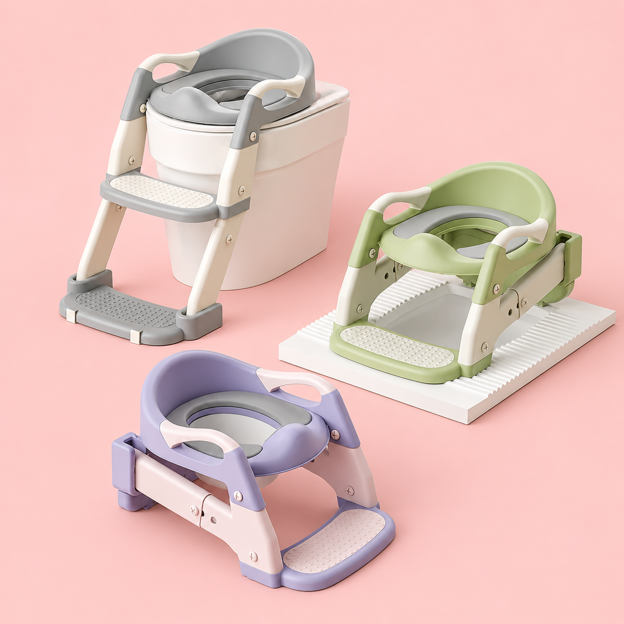Three children's potty chairs in different colors on a pink background