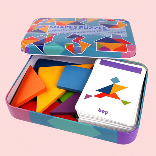 Colorful shapes puzzle set with cards in a tin on a pink background