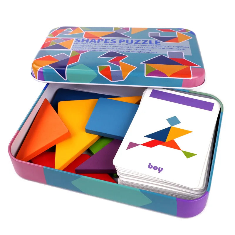 Colorful shapes puzzle in a tin box with cards on a white background