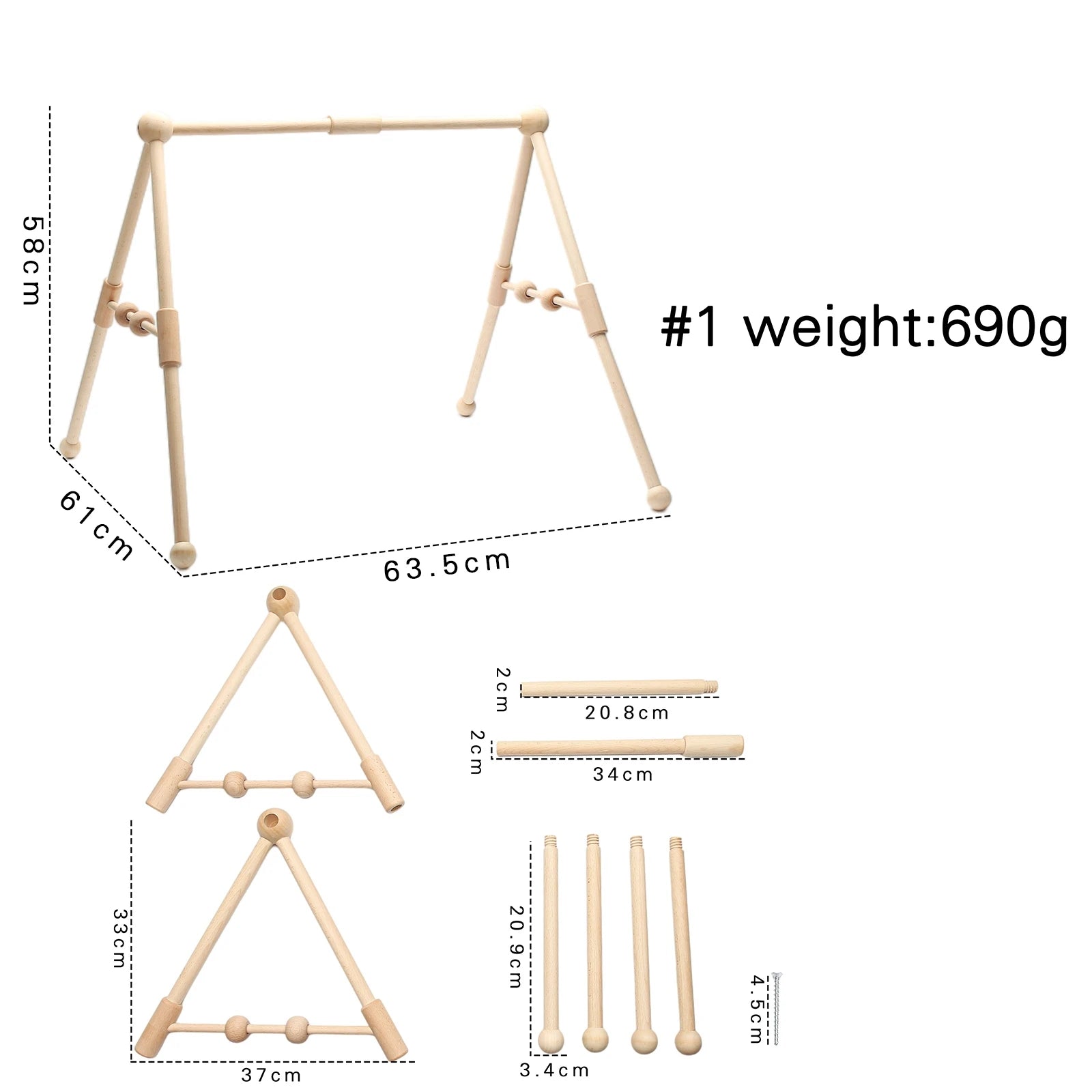 Wooden geometric structure with measurements and weight details on a white background