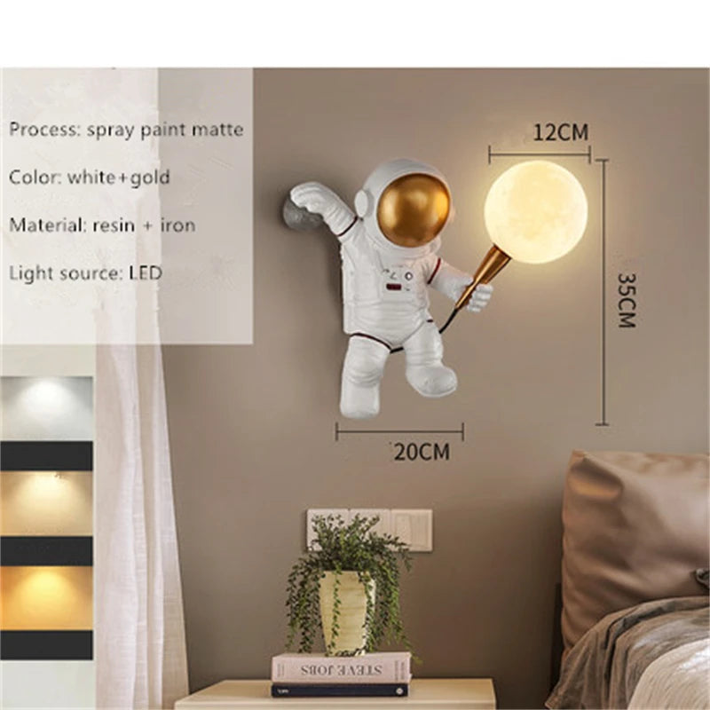 Astronaut wall lamp with dimensions and material details on a neutral background