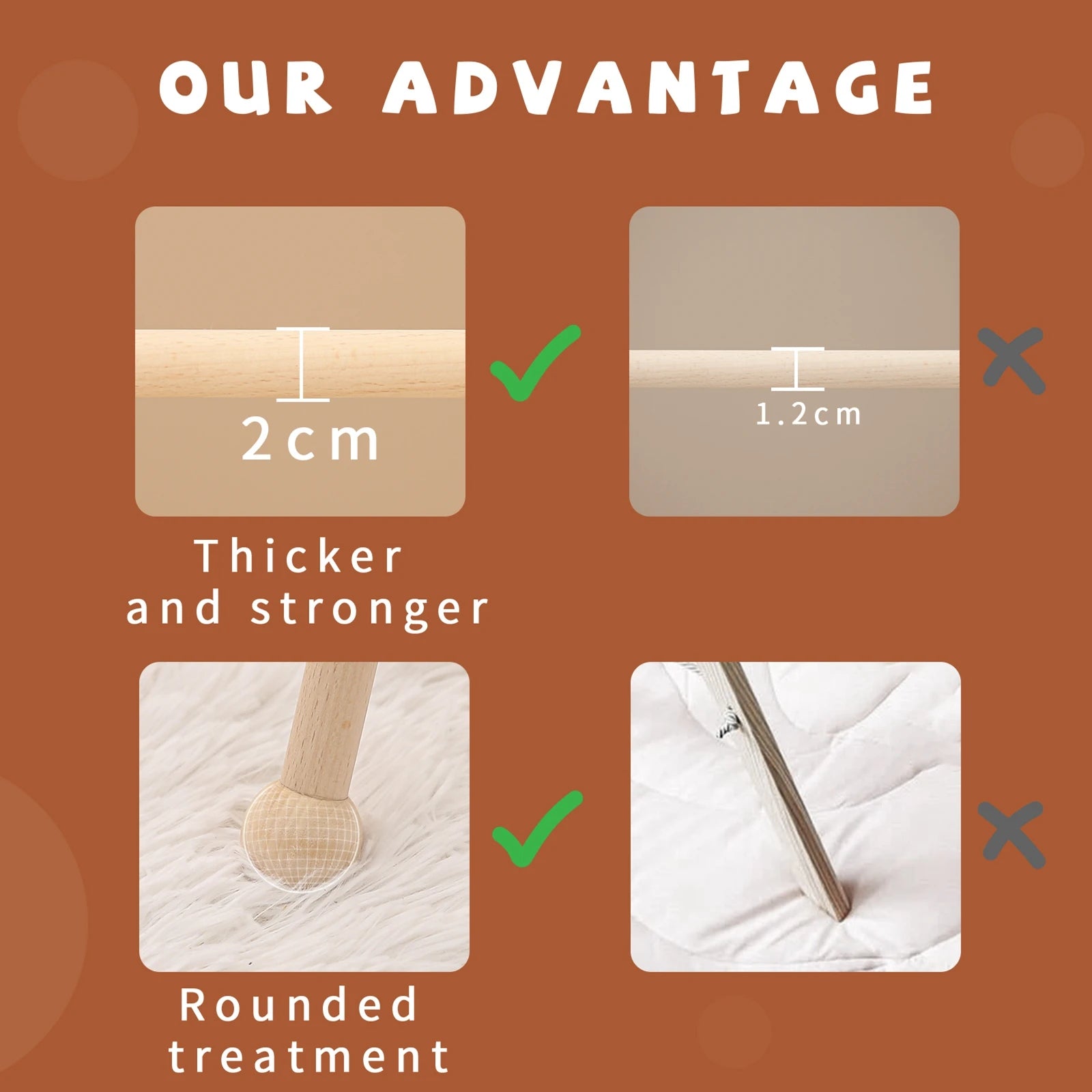Comparison of thicker and stronger bed frame legs with rounded treatment on a brown background.