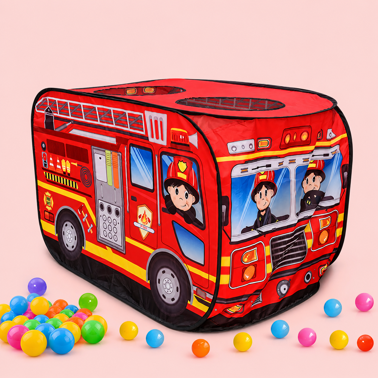 Red fire truck play tent with colorful balls on a pink background