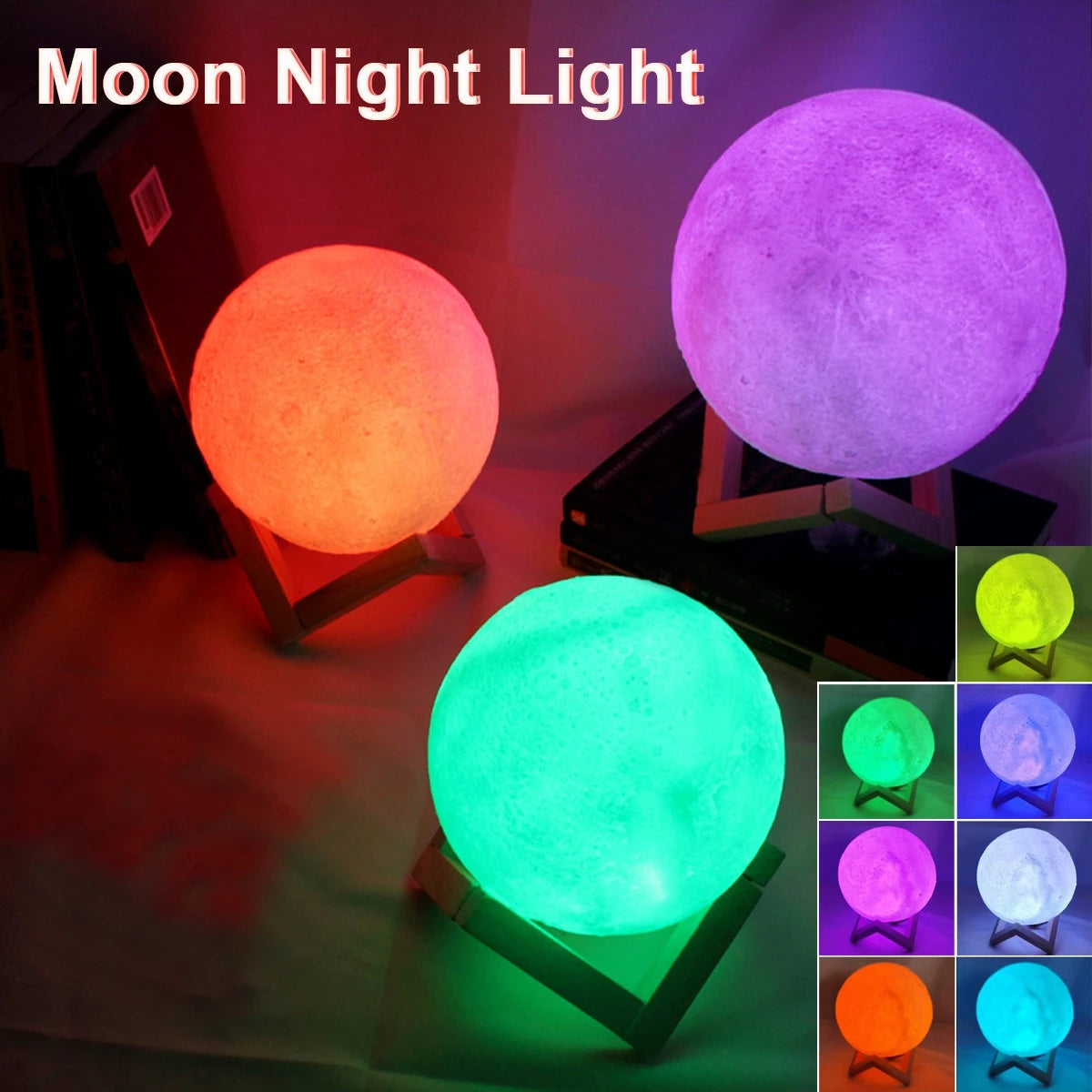 Moon-shaped lamp on a stand in diffrent colors