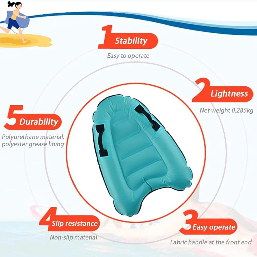 Inflatable seat with features listed on a white background