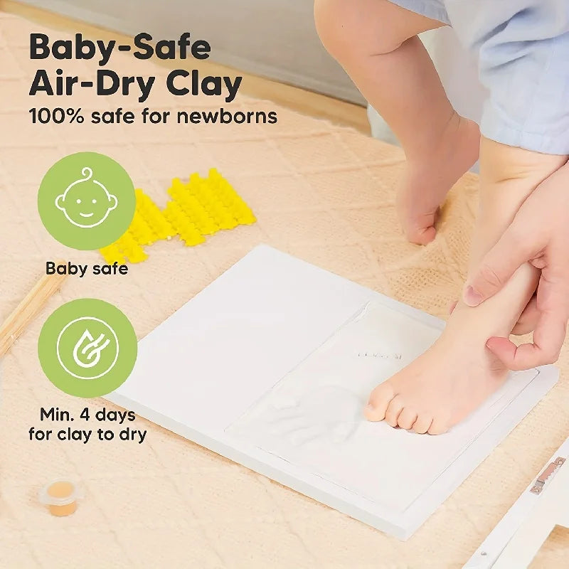 Baby-safe air-dry clay with a child's foot on a mat, indicating safety for newborns.