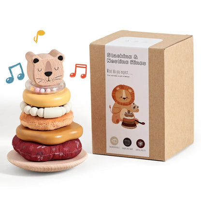 Montessori Baby Stacking Toy & Silicone Teether - Wooden Cartoon Lion Sensory Development Toy for Infants | 0-3 Years | Food-Grade Silicone Rattle Gift