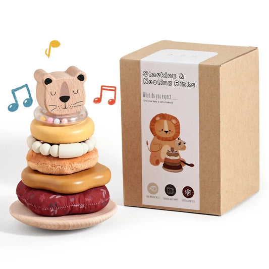 Montessori Baby Stacking Toy & Silicone Teether - Wooden Cartoon Lion Sensory Development Toy for Infants | 0-3 Years | Food-Grade Silicone Rattle Gift