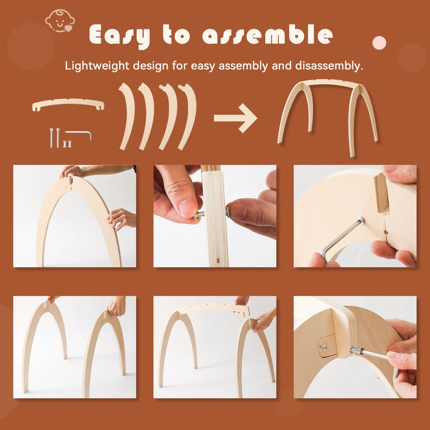 Product assembly process with text 'Easy to assemble' on a brown background