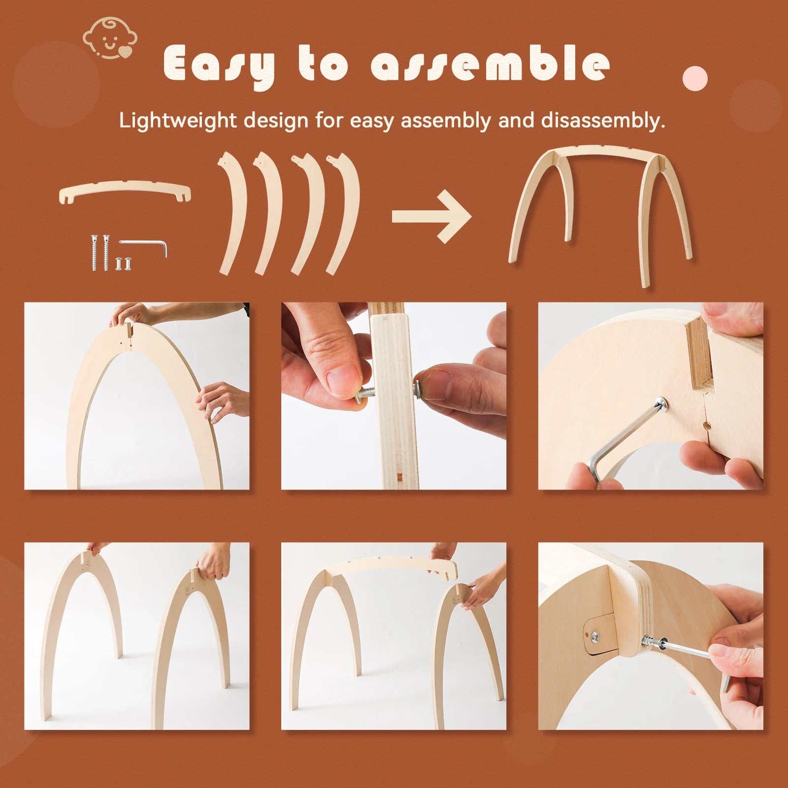 Product assembly process with text 'Easy to assemble' on a brown background