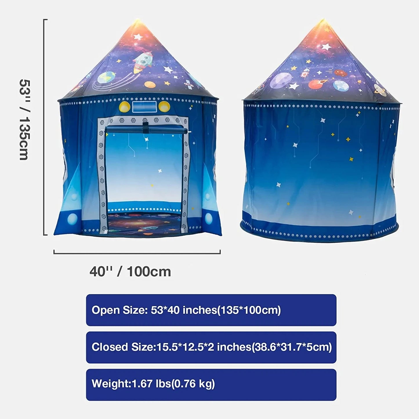 Children's play tent with space design, showing open and closed sizes with measurements.
