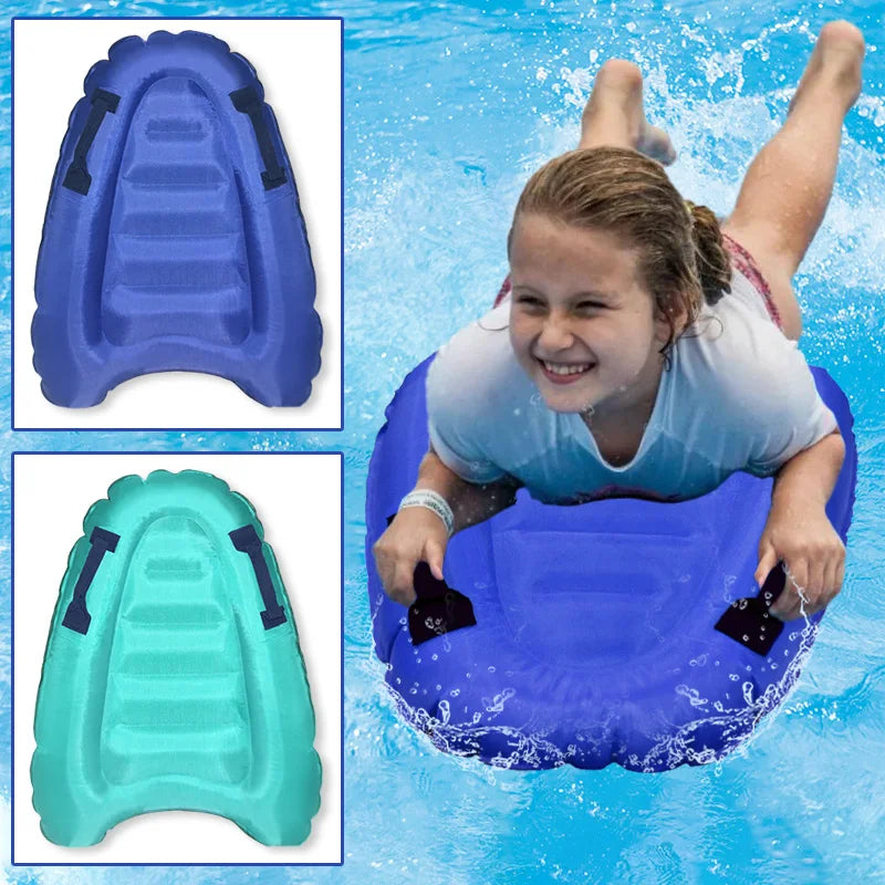 Child using a blue swim float with inset images of two different colored swim floats.