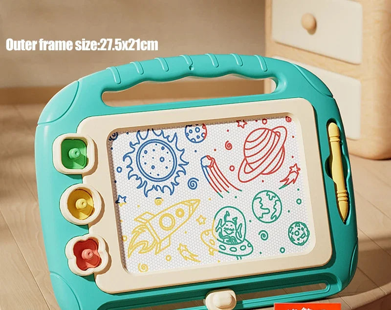 Children's drawing board with Green frame and colorful drawings.