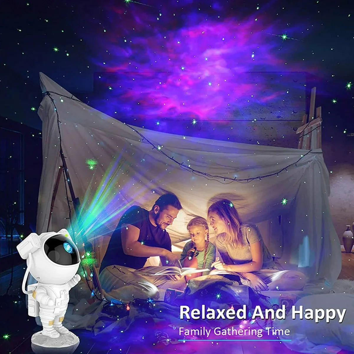 Family under a starry sky projection with a toy astronaut, enjoying a relaxing time together.