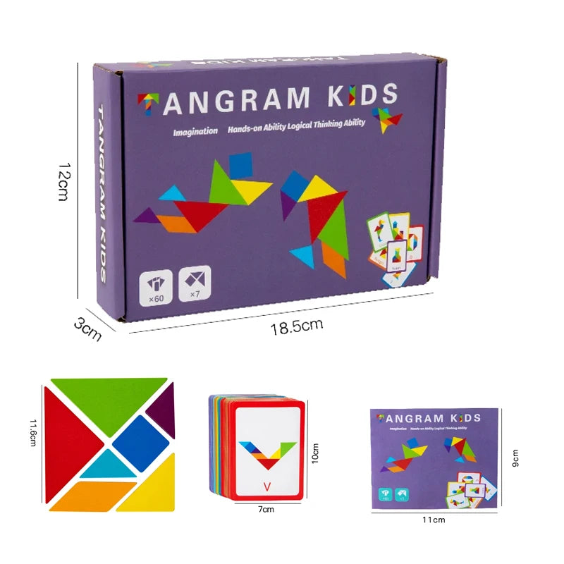 Angram Kids puzzle packaging with dimensions and product images on a white background