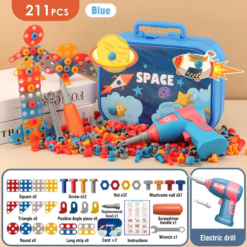 Children's toy construction set with tools and space-themed packaging