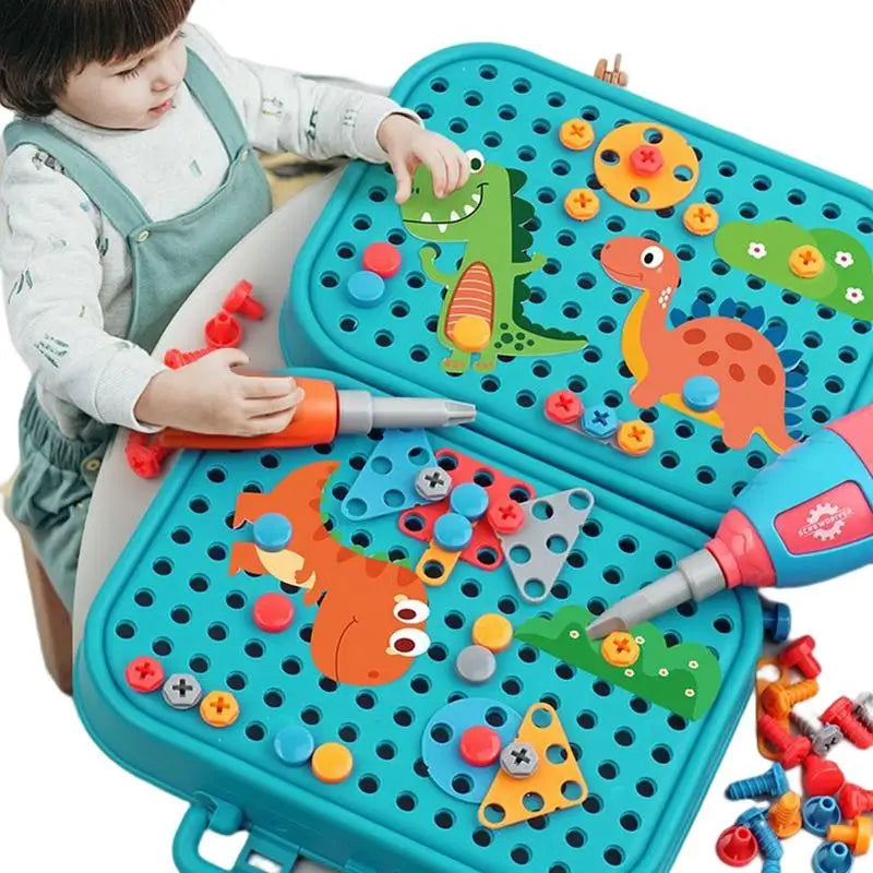 Child playing with a colorful toy diy engineering set featuring dinosaurs and building blocks.