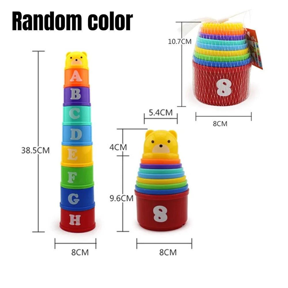 Colorful stacking toy with letters and numbers, shown with measurements on a white background.