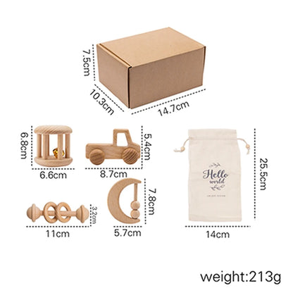 Wooden Montessori Toy Set for 0-12 Months – Baby Educational Toys with Rattle & Beech Car | Sensory Development & Comfort Gift for Newborns