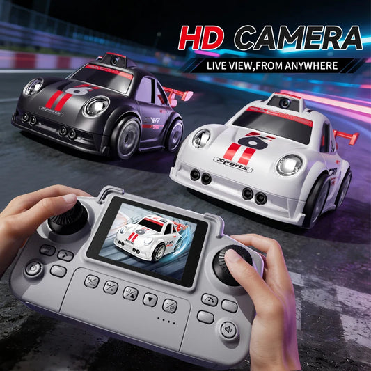 Two remote-controlled cars on a track with a controller displaying live view, featuring 'HD Camera' text.