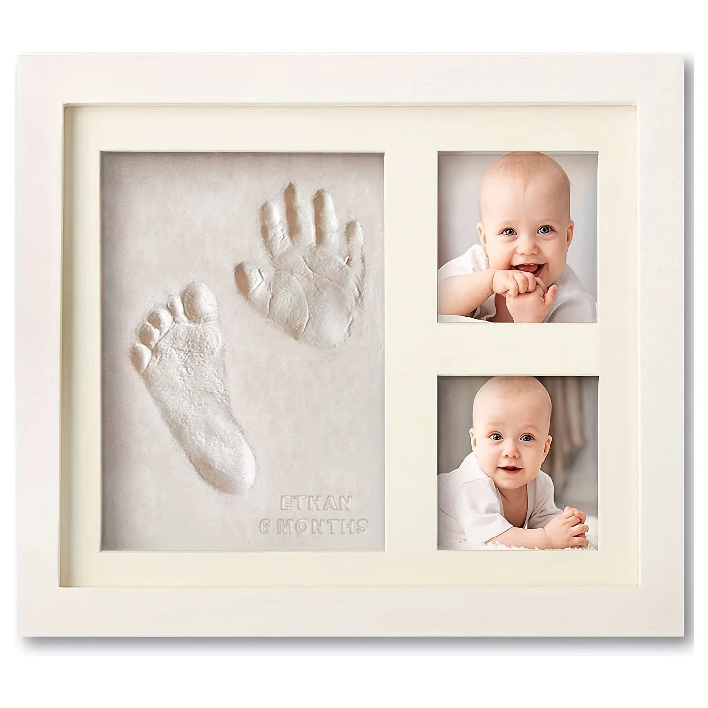 White frame with baby hand and footprints and two photos of a baby