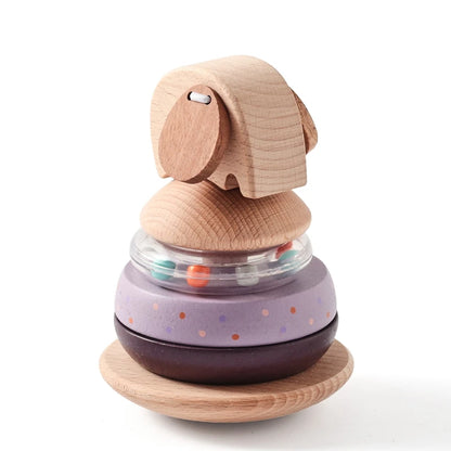 Montessori Baby Stacking Toy & Silicone Teether - Wooden Cartoon Lion Sensory Development Toy for Infants | 0-3 Years | Food-Grade Silicone Rattle Gift