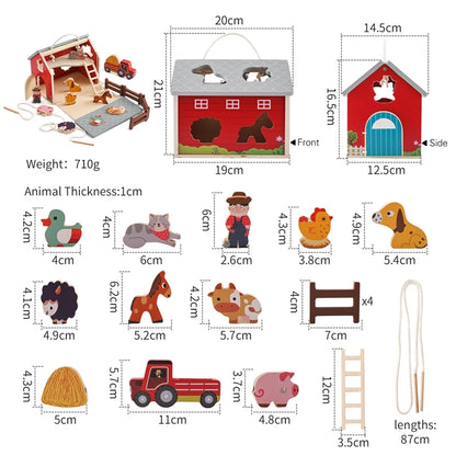 Wooden Farm Scene Toy Set – Montessori Stacking Blocks, Threading Beads, Animal Cognition & Shape Pairing Toys for Toddlers | Baby Educational Gift & Nursery Decor