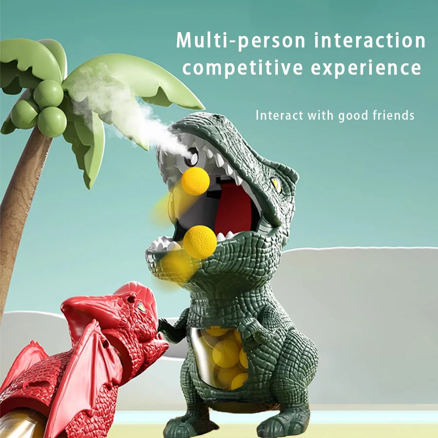 Toy dinosaur with a red dragon-like creature on a beach background, text about multi-person interaction and competitive experience.