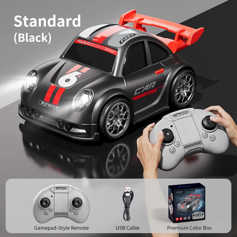 Toy car with red and black design and remote control, including accessories.